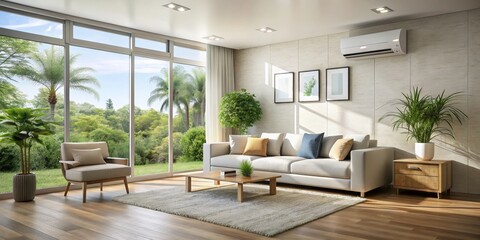 Naklejka premium Serene Modern Living Room with White Leather Sofa, Tropical Garden View Interior Design Inspiration for Relaxation and Comfort