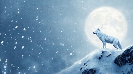 Naklejka premium White wolf on snow-capped peak under full moon
