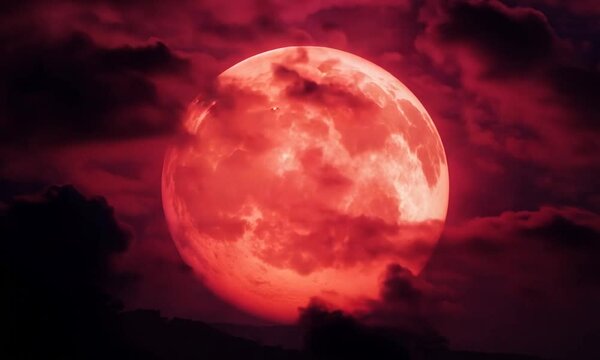 Fiery red moon glowing ominously with dark clouds, a haunting night sky