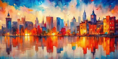 Fototapeta premium Splendid Cityscape Reflection at Sunrise Majestic Skyscrapers Embraced by Vibrant Sky in Tranquil Waters, Urban Serenity Painting for Home Decor and Travel Promotions