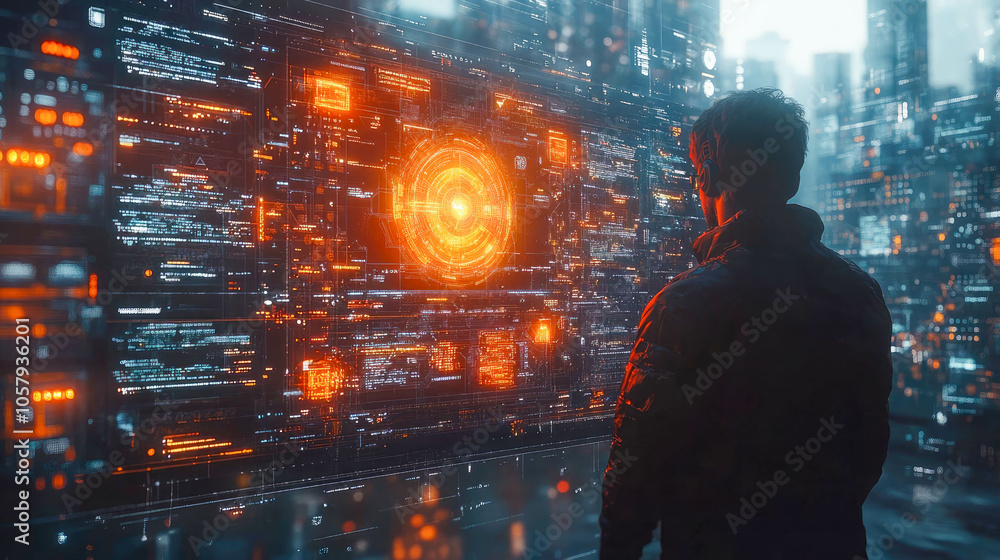 Poster man facing multiple computer screens with glowing data, representing cybersecurity, analysis, and di