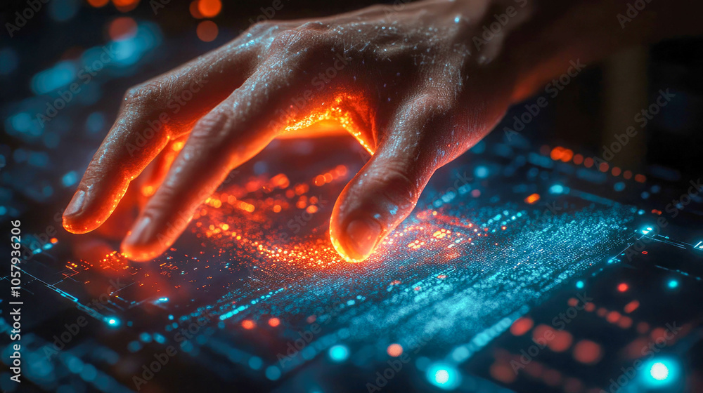 Aufkleber close-up of a hand interacting with a digital surface with glowing data points, symbolizing technolo