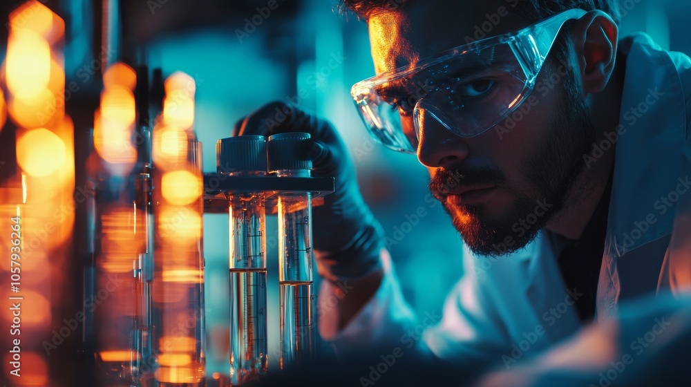Poster scientist examining test tubes in a laboratory setting