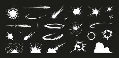 A dynamic set of explosion and impact effects, featuring bursts, shockwaves, flares, and blasts. Cartoon explosion, vfx elements. Cartoon effects: explosion, impact, energy, burst, flash, speed © SergeyBitos