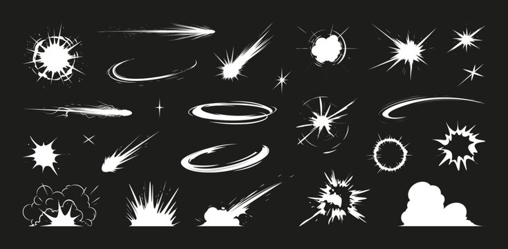 A dynamic set of explosion and impact effects, featuring bursts, shockwaves, flares, and blasts. Cartoon explosion, vfx elements. Cartoon effects: explosion, impact, energy, burst, flash, speed