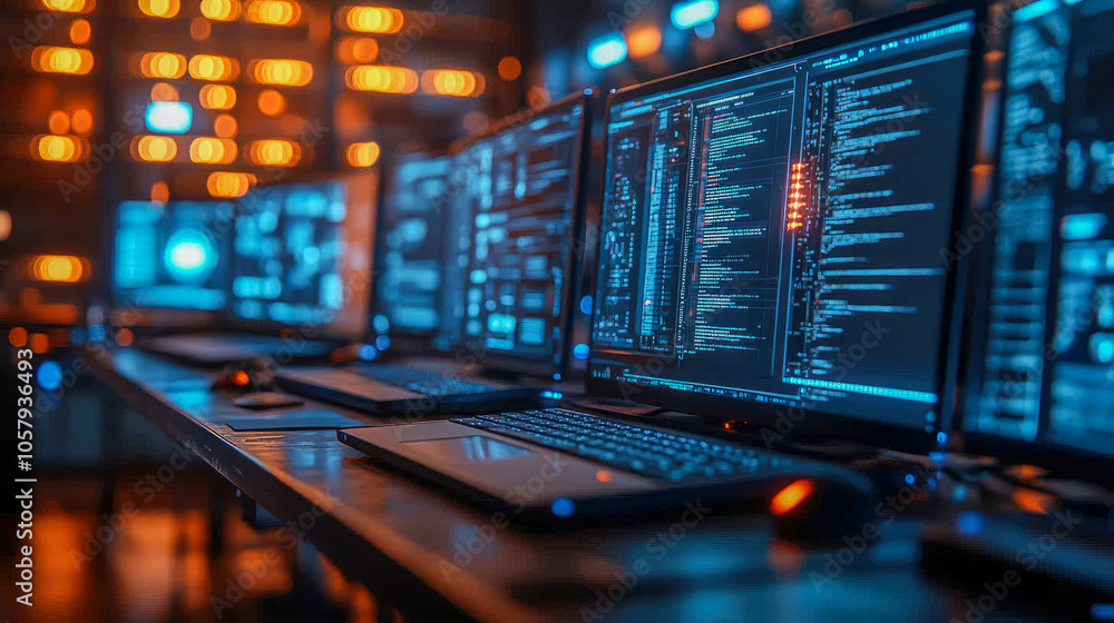 Poster multiple computer monitors displaying analytical data and stock charts in a dimly lit control room, 