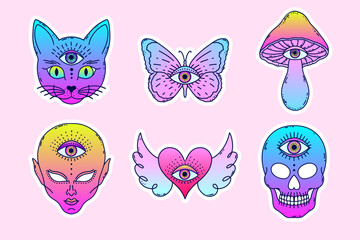  Set of mystical third eye vector with cat, butterfly, mushroom, alien, heart with wings, and skull.