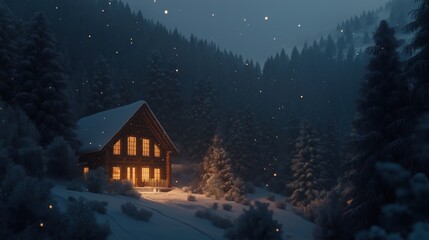 Fototapeta premium A warm cabin glowing in the snowy forest at night with falling snowflakes.