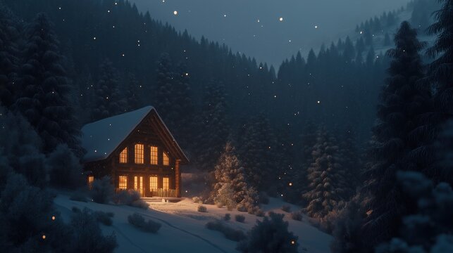 A warm cabin glowing in the snowy forest at night with falling snowflakes.