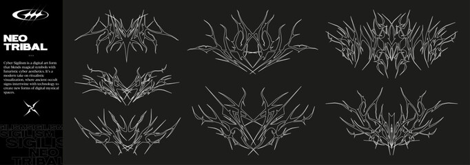 Neo-tribal in cyber-infused style. Gothic tattoo graphic set, Cyber sigilism, digital art. Combination of futurism and ancient magical symbols. Neo tribal and cyber sigilism concept. Vector set