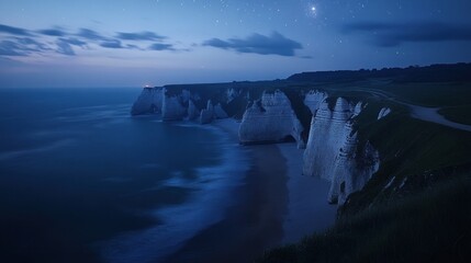 Fototapeta premium A long exposure shot of a rocky cliffside coastline with the Milky Way Galaxy in the background.