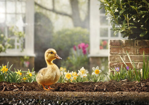 Adorable duckling explores a spring garden surrounded by blooming daffodils in a charming setting