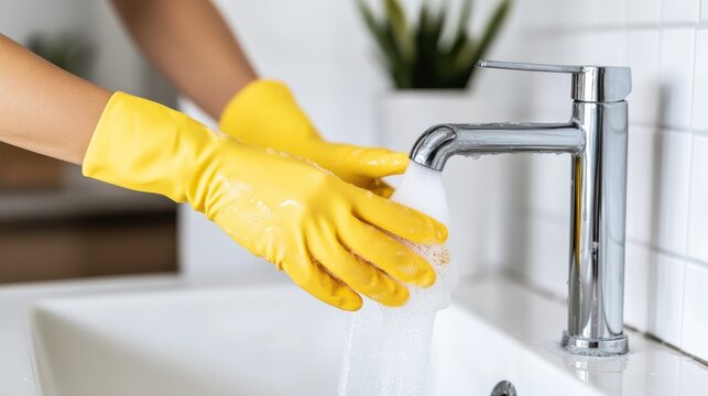 Hands donned in yellow gloves diligently wash dishes under a streamlined faucet, embodying cleanliness and care.