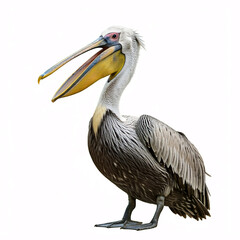 A large pelican with its beak wide open, showcasing its yellow pouch and intricate feather patterns
