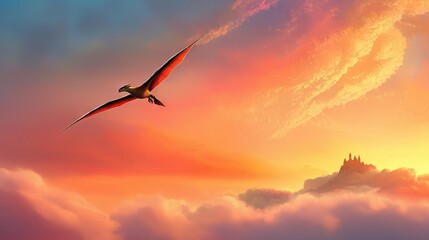 Obraz premium Bird flying in the sky, castle background, clouds foreground