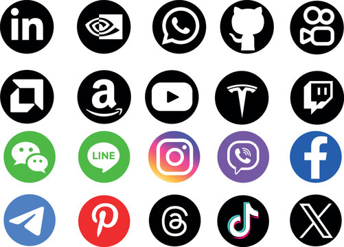 Set of social media icons. Includes logos such as LinkedIn, Nvidia, WhatsApp, YouTube, Twitch, GitHub, Amazon, Discord, TikTok, Pinterest, Instagram, Facebook and Tesla.