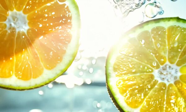 Refreshing close-up of citrus fruits splashing into water highlighting fresh juicy slices with vibrant colors