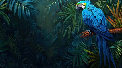 Obraz premium A vibrant portrait of a parrot on a branch amidst lush tropical greenery, palms swaying softly behind