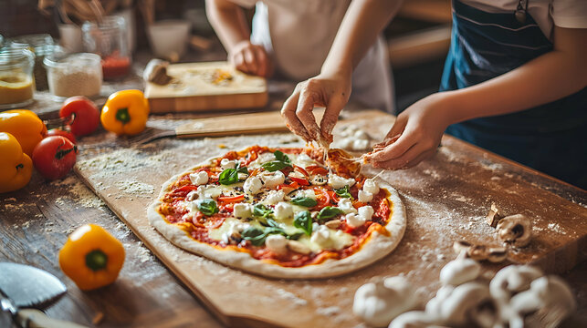 Two children are making a pizza on a wooden table. Toppings are being added.