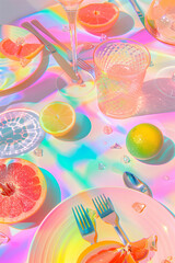 A colorful pastel scene unfolds with sliced citrus fruits, elegant tableware, and glasses on a sunlit table, casting rainbow reflections.