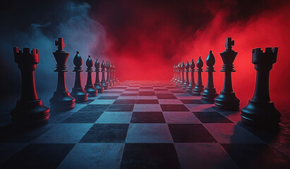 Symbol of business ideas, competitions, and strategy ideas in a medieval battle scene with cavalry and infantry positioned on a chessboard.