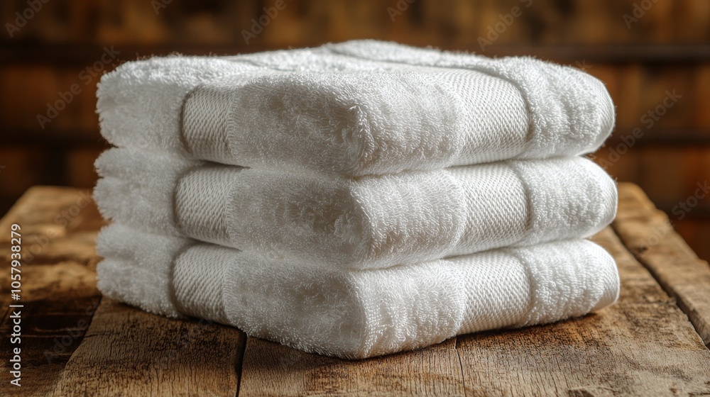 Poster stacked white towels and spa essentials arranged nicely on a wooden table in a serene setting