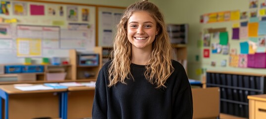 Smiling Teenage Girl Standing in a Colorful Modern Classroom. Back to School. Portrait.