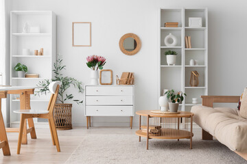 Interior of living room with protea flowers