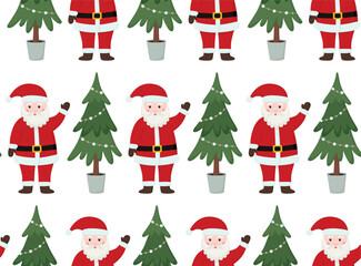 Seamless pattern with funny Santa Claus and christmas tree. Cute holiday background