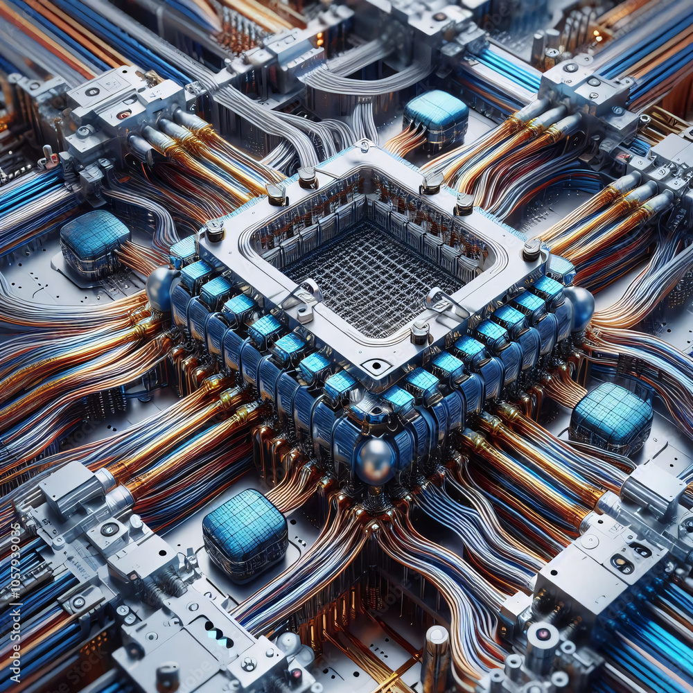Poster a complex network of wires and circuits forms a mesmerizing digital landscape