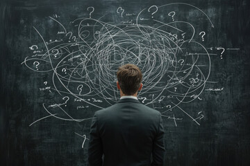business man looking for solution, understanding and clarity about complex problem, brainstorm