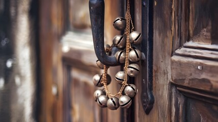 Obraz premium Close-up of tiny bells on antique door handle with scratched door