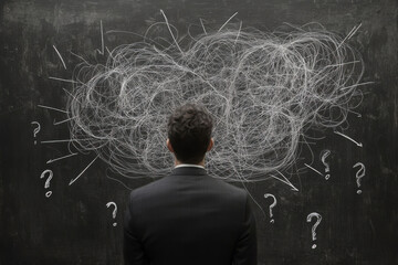 business man looking for solution, understanding and clarity about complex problem, brainstorm