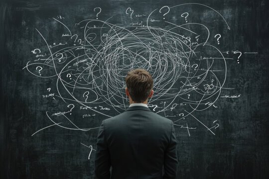 business man looking for solution, understanding and clarity about complex problem, brainstorm