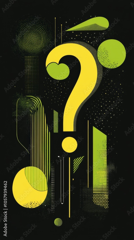 Poster abstract graphic design featuring large question mark on black background with geometric shapes