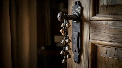 Obraz premium Tiny bells on antique door handle in dark vintage setting