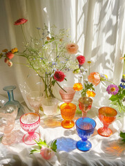 Colorful glassware filled with refreshing beverages and vibrant flowers bask in sunlight on a white tablecloth.