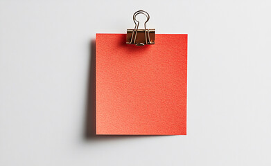 Minimalistic image of a red square paper held by a metal binder clip against a plain white background, ideal for notes or design mockups.
