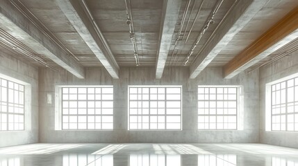 Modern Minimalistic Concrete Coworking Office room with Blank Walls, High Ceilings,and Mockup Frame