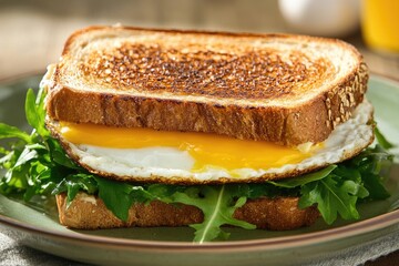 Gourmet Grilled Cheese Sandwich with Fried Egg, Cheddar, and Fresh Greens on Whole Grain Bread