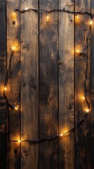 Warm twilight atmosphere created by string lights on rustic wooden background for cozy gatherings