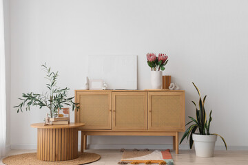Chest of drawers with protea flowers, coffee table and houseplant in room