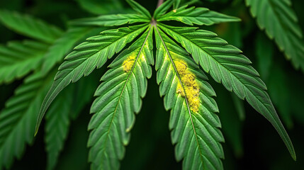 Close-up of a green leaf with yellow mold spots affecting its surface, showing plant disease or fungal infection