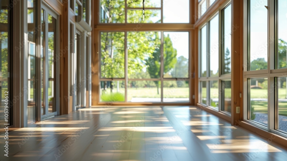 Poster A set of large windows on one side allowing natural light to filter in and illuminate the space.