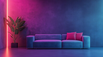 Living room with purple and red accents, postmodern furniture, and LED lights