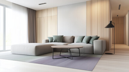 Living space with muted green and purple accents, ‘90s-inspired furnishings, and retro table lamp