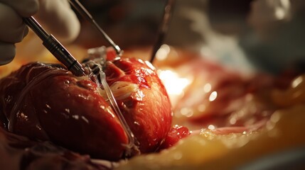 A skilled surgeon conducts intricate heart surgery in a high-tech operating room, using precise tools to showcase the focus required for this complex medical procedure.