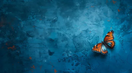 Blue grunge background with a monarch butterfly. The butterfly is perched on the right side of the image and is facing the left.
