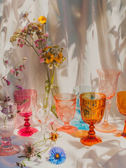 Colorful glassware and wildflowers arranged on a white cloth create an inviting table spread, with soft sunlight filtering through.