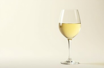 White wine in an elegant glass on a light background. There is space for text on the left.
